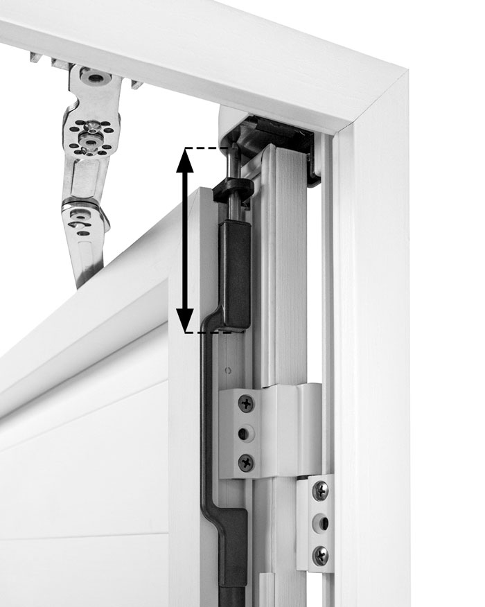 When the handle is operated, the pin engages to block the door from opening.